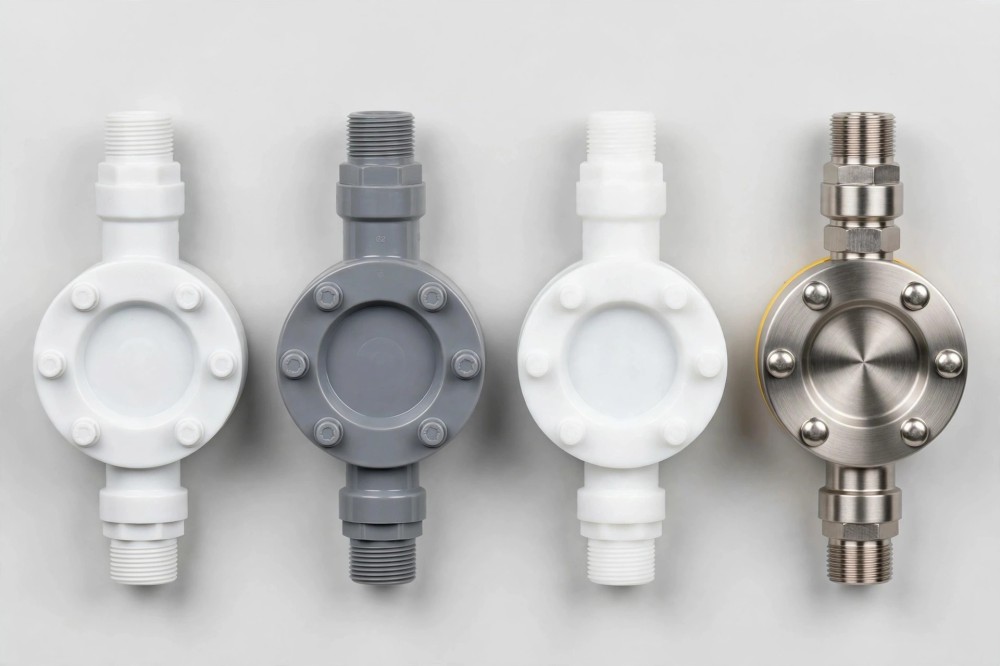 四种计量泵泵头材质PP PVC PTFE SS316对比